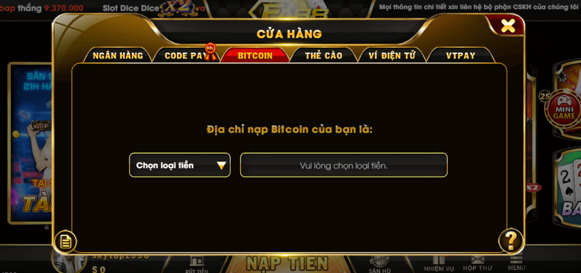 Hình thức nạp tiền qua Bitcoin tại cổng game Bom79 club