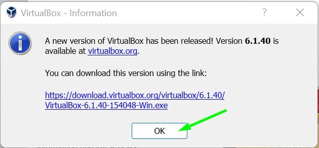 Thông báo về phiên bản mới của VirtualBox